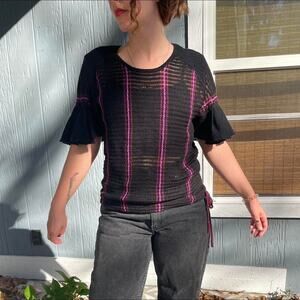 Free People Blouse Top Women's Crochet M Black and Purple Side Tie Top